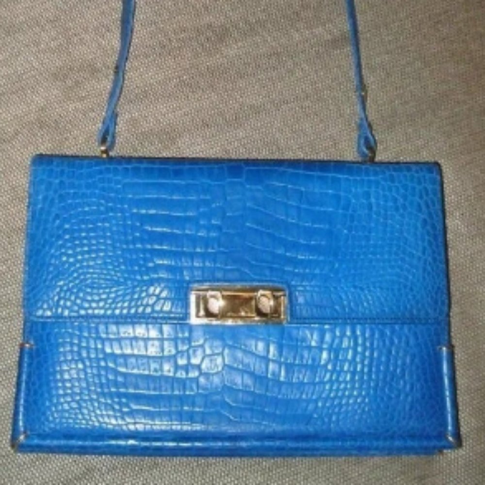 ❤️Amazing!! MICHAELANGELO Florence Blue Croc Shoulder Purse Bag Made in Italy